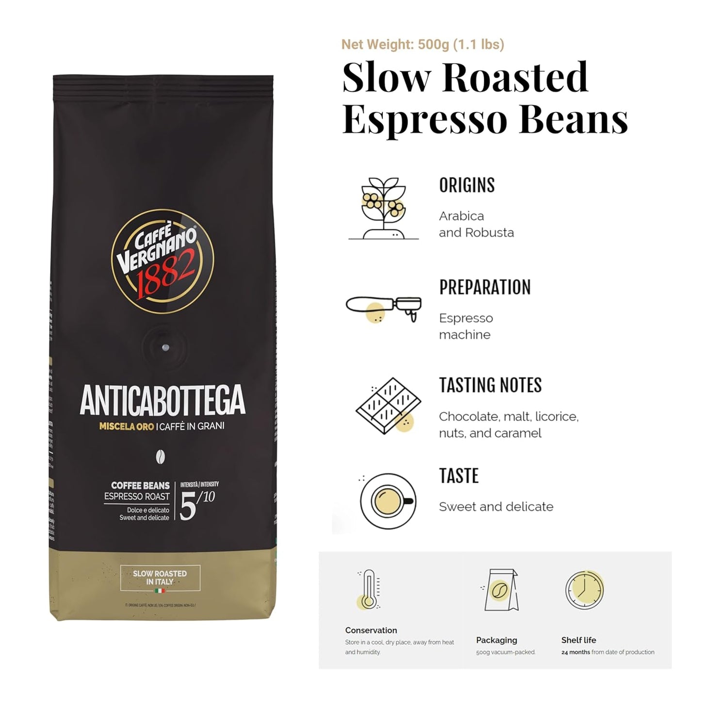Caffe Vergnano 1882 Antica Bottega Whole Bean Arabica Medium Roast Espresso, 1.1 lbs Bag - Italian Coffee Beans with notes of Chocolate, Nuts & Caramel, Intensity 5/10-500g Bag