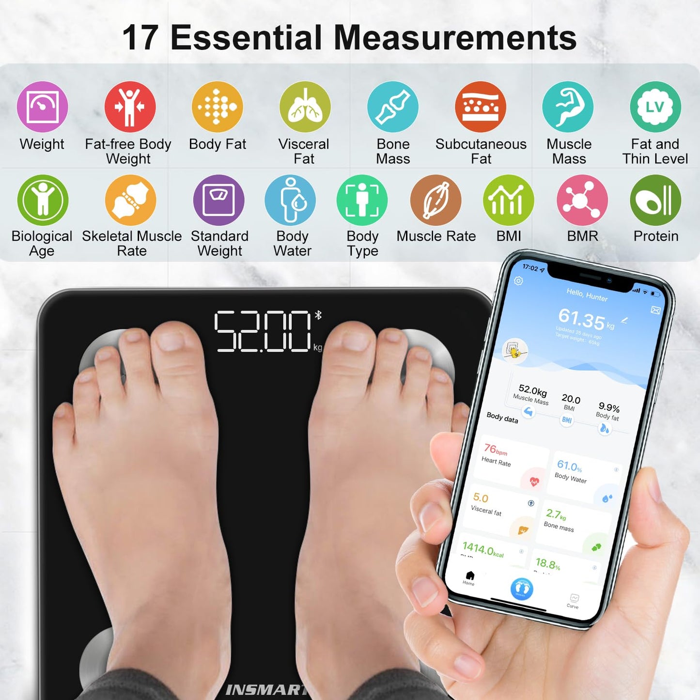 INSMART Smart Scale for Body Weight, Digital Bathroom Scale with BMI, Muscle Mass, Bluetooth Body Fat Scale,17 Body Composition Analyzer with Smart APP Sync Weight Scale, 400 lbs - Black