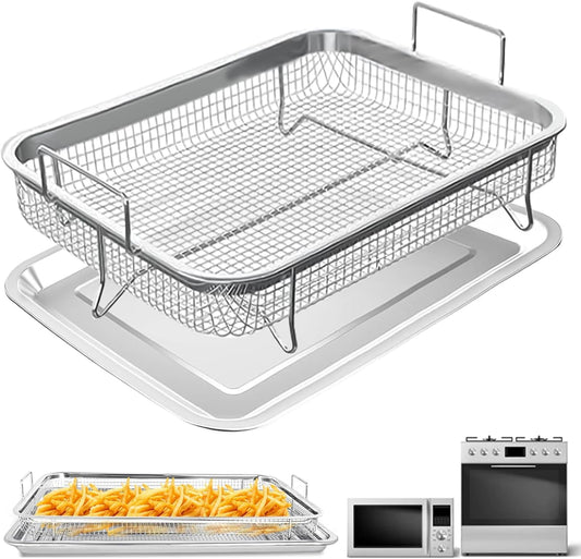Air Fryer Basket for Oven,2 Pieces 11.8'' * 8.8'' Non-stick Stainless Steel Mesh Grill Basket Air Fryer Baking Tray Accessories Rack Roasting Basket for Convection Oven with Air Fryer, Dishwasher Safe