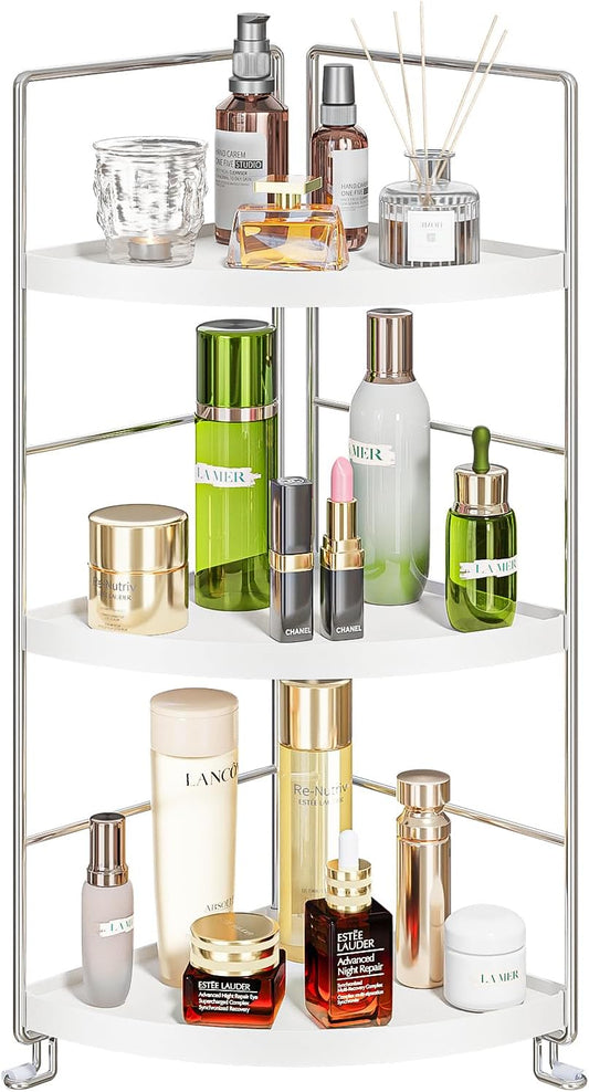 3-Tier Corner Spice Rack Kitchen Bathroom Countertop Organizer Vanity Tray Cosmetic Makeup Storage Standing Shelf, White