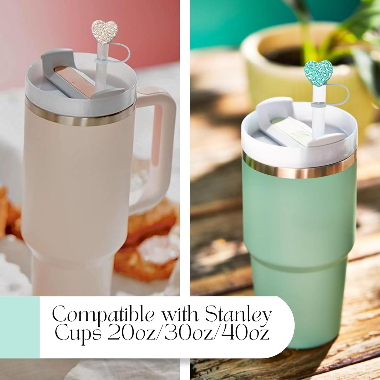 4 PCS Silicone Straw Covers Cap Compatible with Stanley Tumbler, pack of 10mm Cute Heart Straw Toppers for Tumblers Dust-Proof Drinking Straw Caps for Reusable Straws Tips Lids