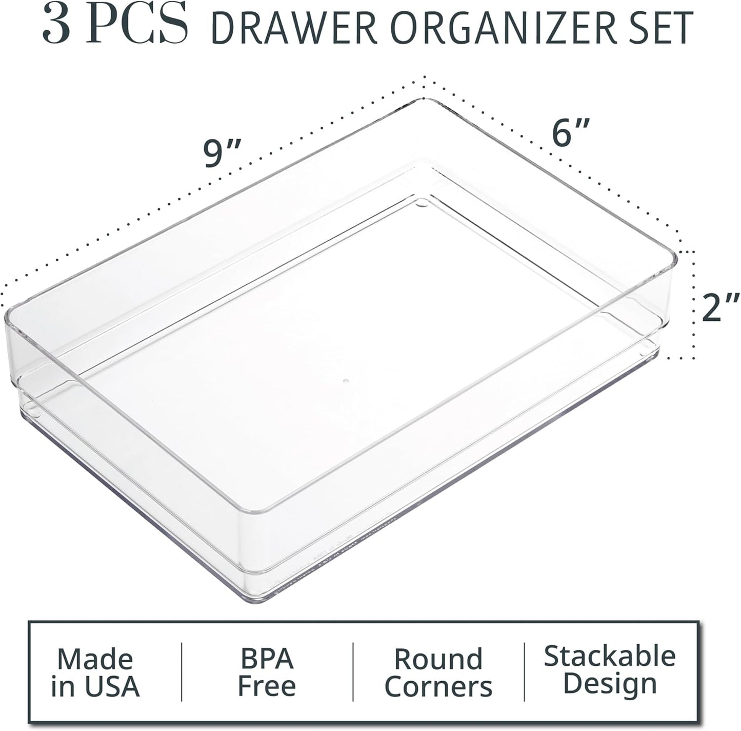STORi SimpleSort 3-Piece Stackable Clear Drawer Organizer Set | 9" x 6" x 2" Rectangle Trays | Wide Makeup Vanity Storage Bins and Office Desk Drawer Dividers | Made in USA