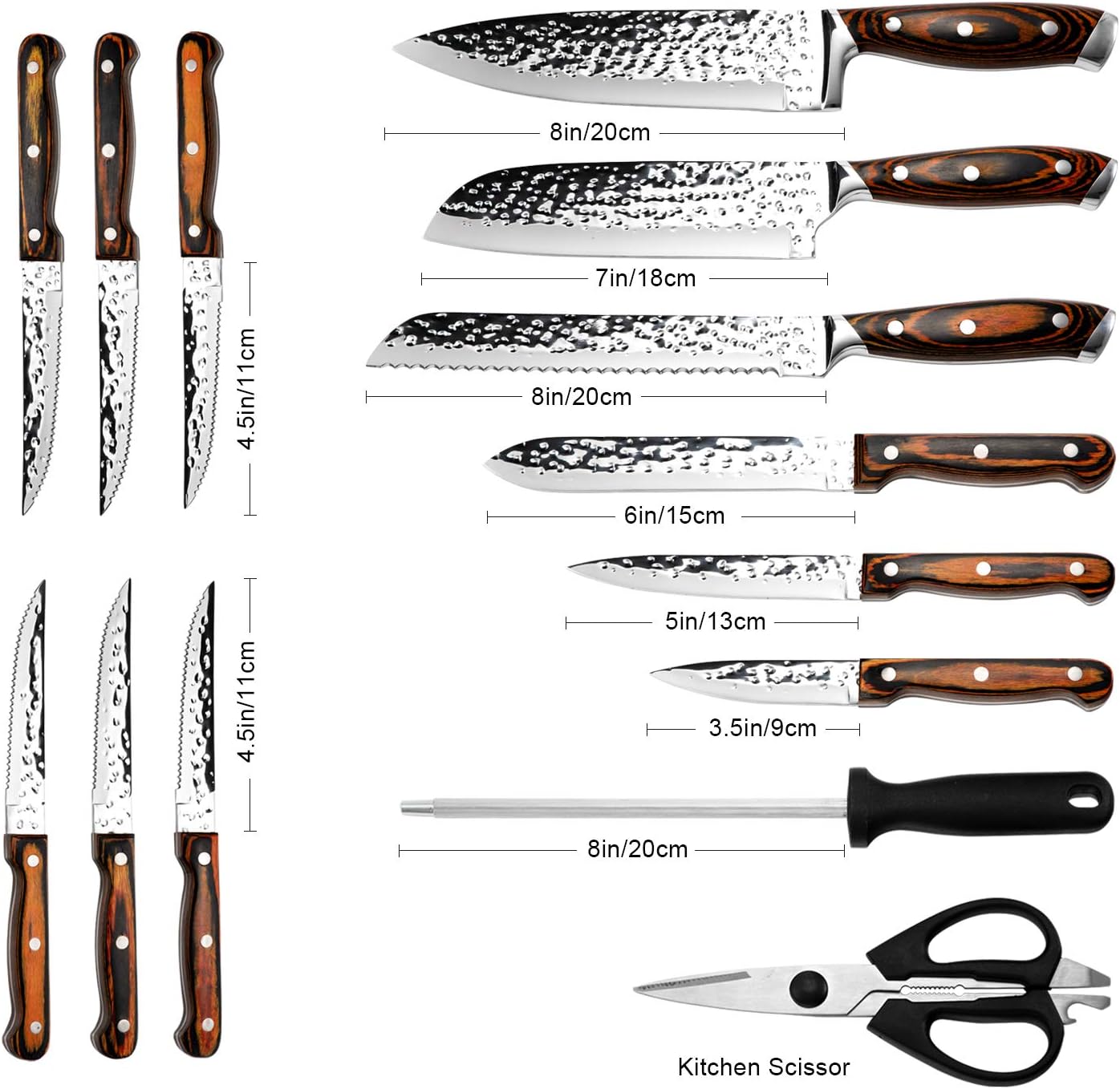 Kitchen Knife Set,15-Piece Knife Set With Block Wooden,Self Sharpening For Chef Knife Set,High Carbon Japan Stainless Steel Hammered Collection Knife Block Set with Steak Knives, Boxed Knife Set