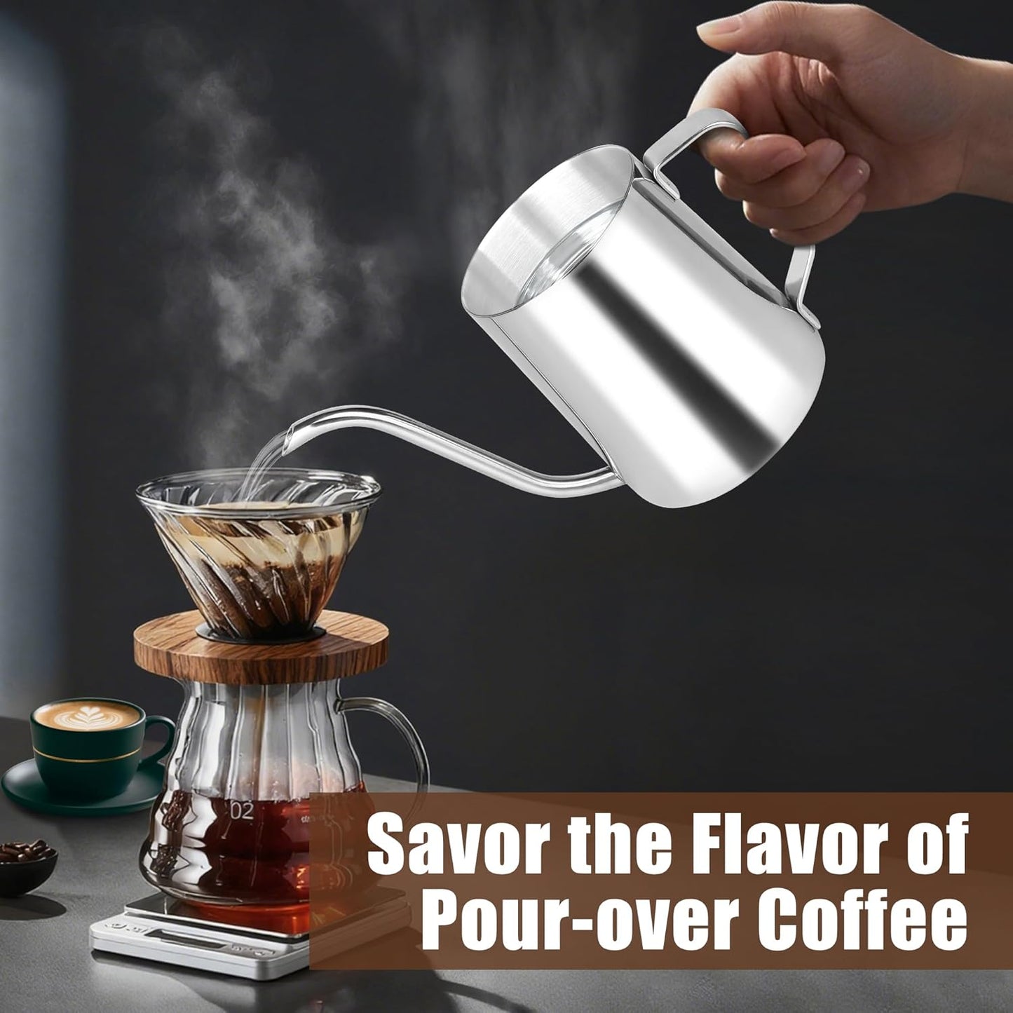 Stainless Steel Gooseneck Spout Kettle for Hand Drip Coffee One Serving Pour Over Kettle for Filter Coffee Long and Narrow Drip Cup for Outdoor Camping (Silver / 350ML / 1Pack)