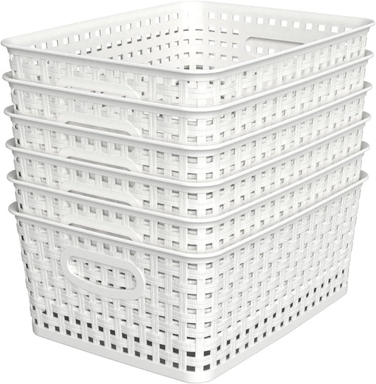 Woven Plastic Storage Baskets, 6 Pack White Weave Bins Organizer, 10.1" x 7.55" x 4.1"