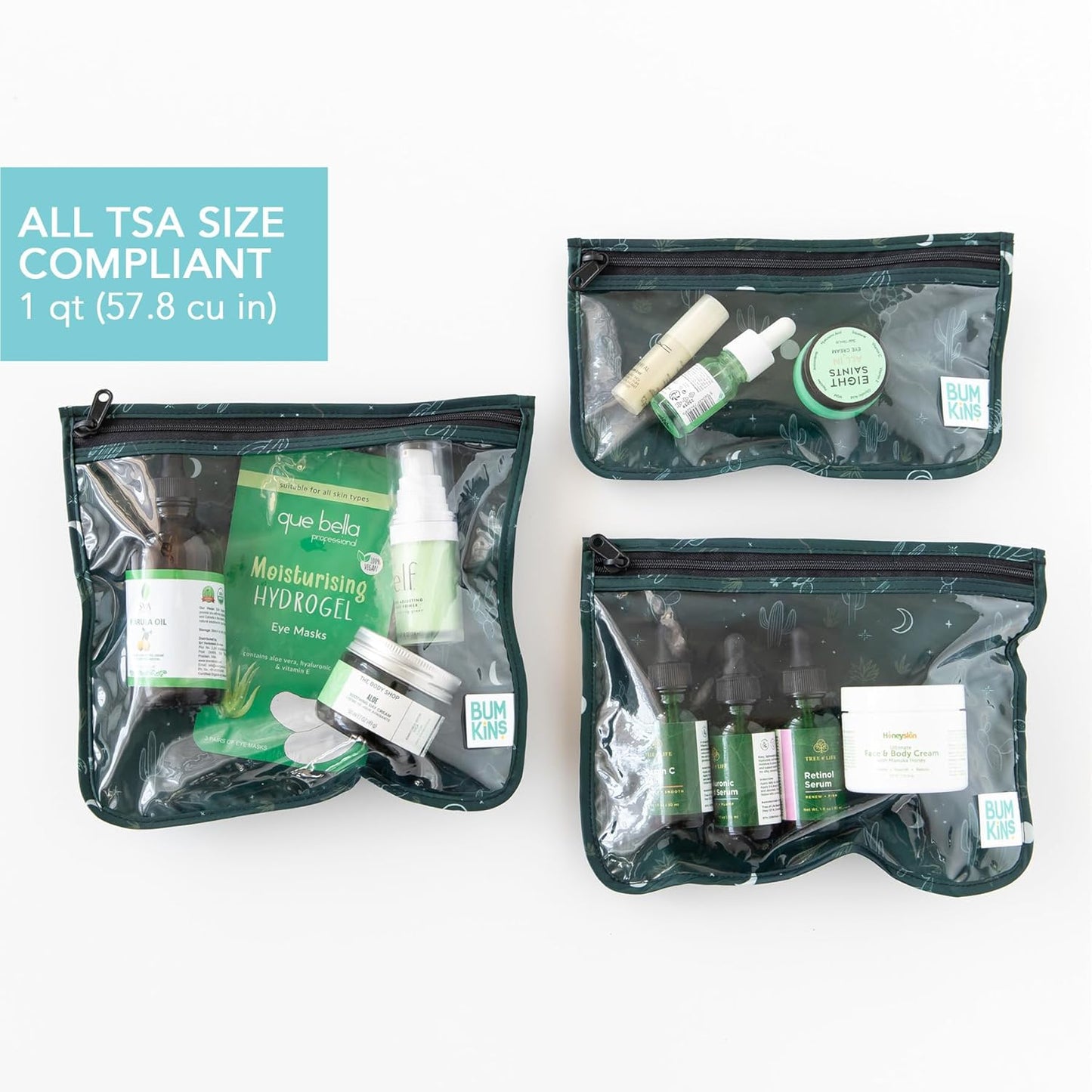 Bumkins Travel Bag, Toiletry, TSA Approved Packing Pouch, Zip Bag, Quart Size Airline Compliant, Clear-Sided, Set of 3 Sizes