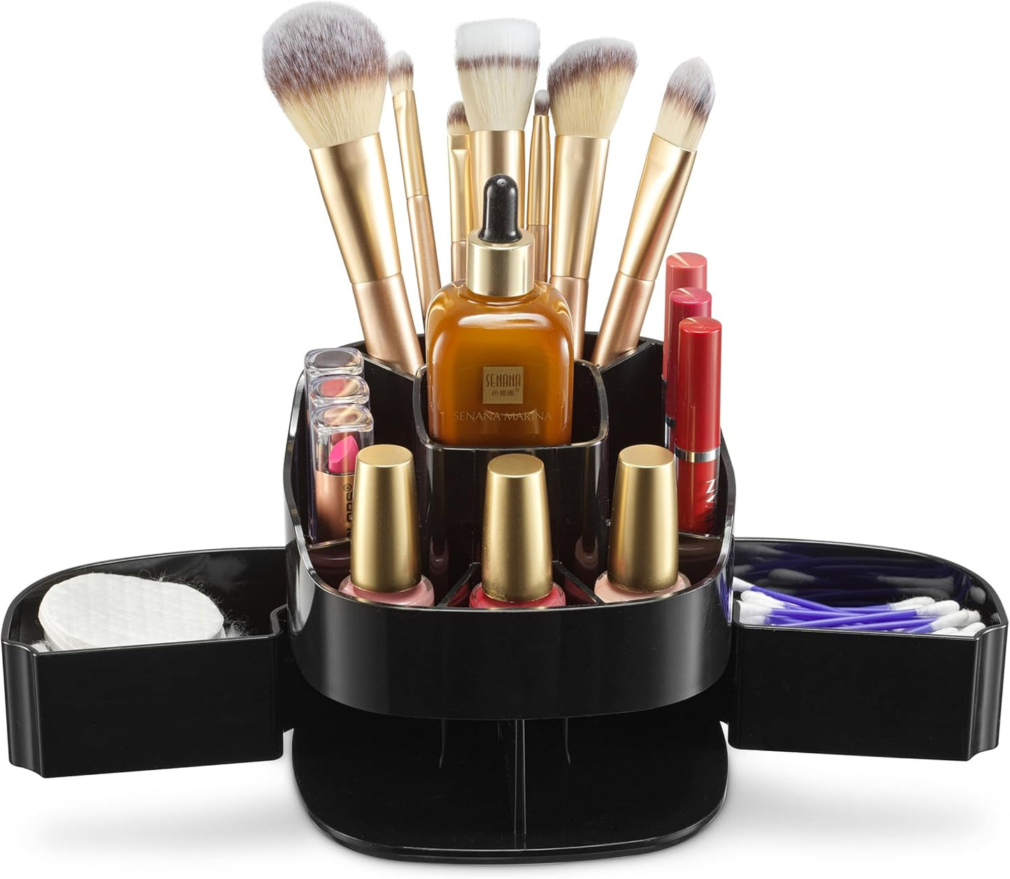 Masirs Small Rotating Makeup Organizer - Mini Yet Spacious Cosmetic Storage Solution with Multiple Compartments - The Perfect Spinning Make-Up Caddy for Vanity or Bathroom Counter (Square - Black)