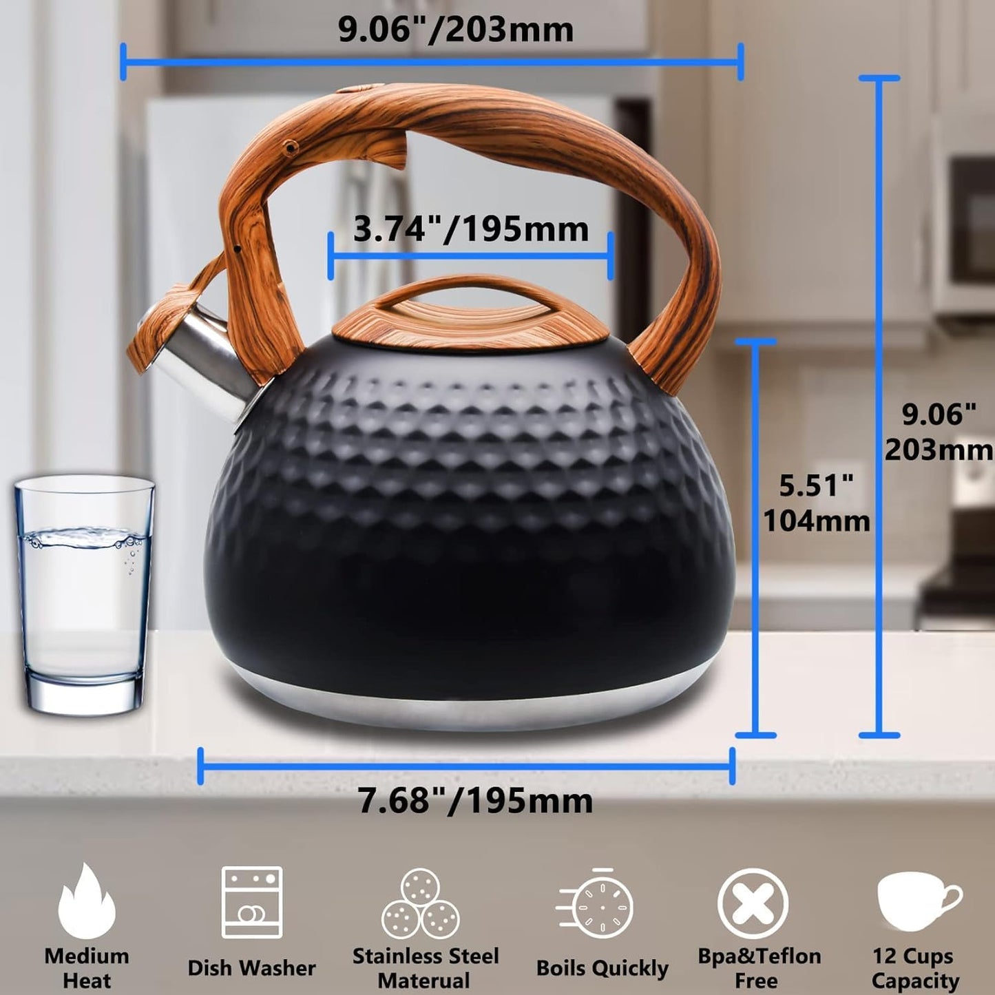 Tea Kettle Stovetop, 3.2 Qt Stainless Steel Whistling Kettle for Stove Top, Food Grade Teapot with Wood Pattern Handle for Coffee, Milk etc, Gas Electric Applicable (Black)