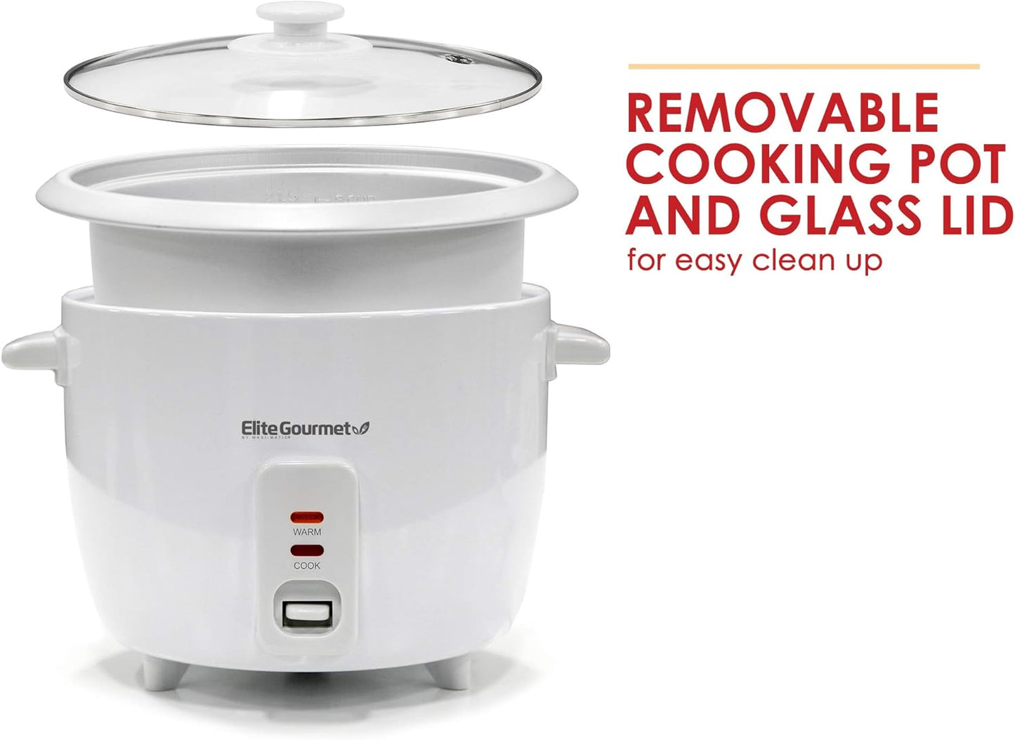 Elite Gourmet Elite Cuisine ERC006 Electric Rice Cooker with Automatic Keep Warm Makes Soups, Stews, Grains, Hot Cereals, White, 6 Cups Cooked (3 Cups Uncooked)