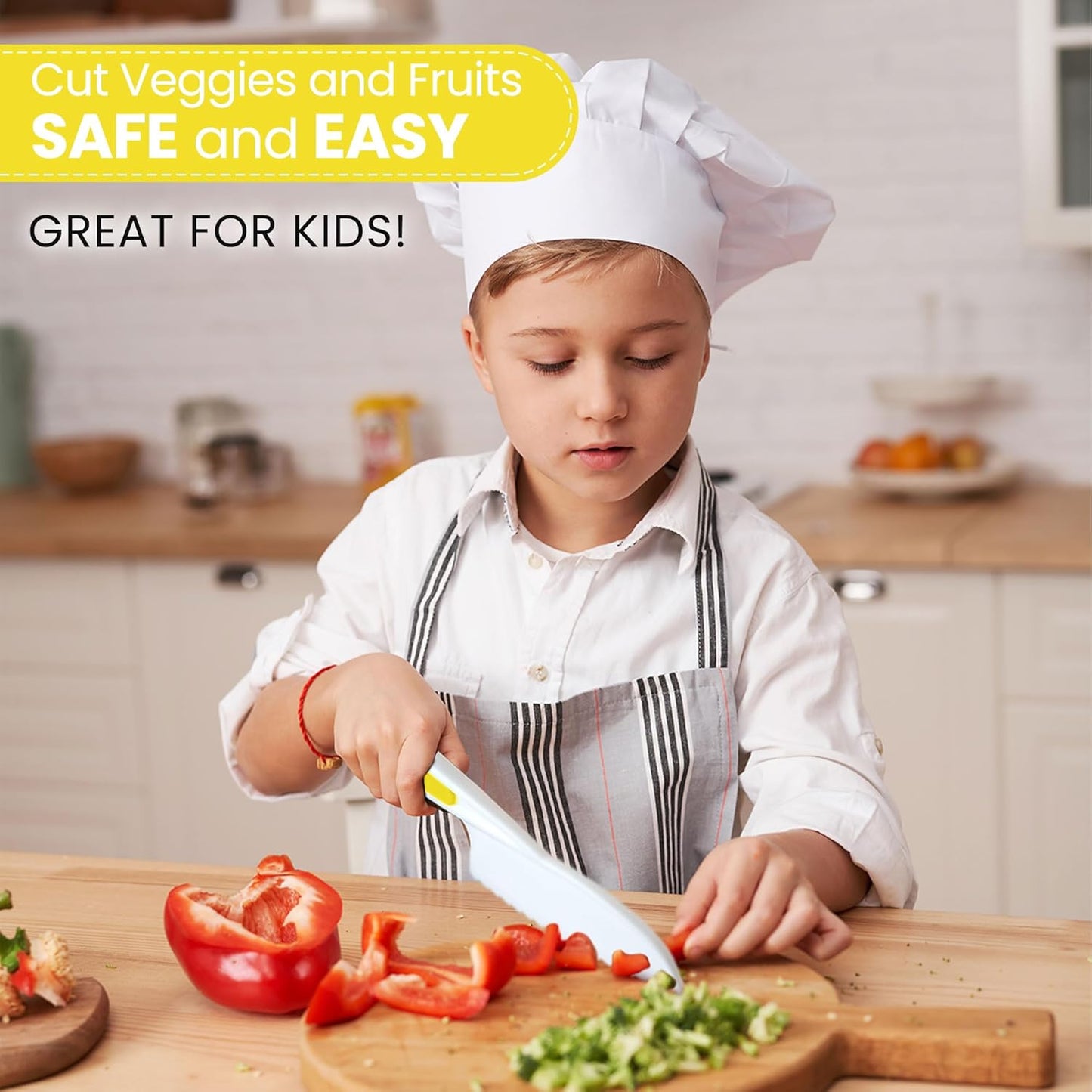 Zulay 3-Piece Kids Knife Set for Real Cooking & Baking - Toddler Knives for Cutting Fruits, Veggies, & Cake - Children’s Montessori Knife with Serrated Edges - Safe & Fun Lettuce Knife (Yellow)