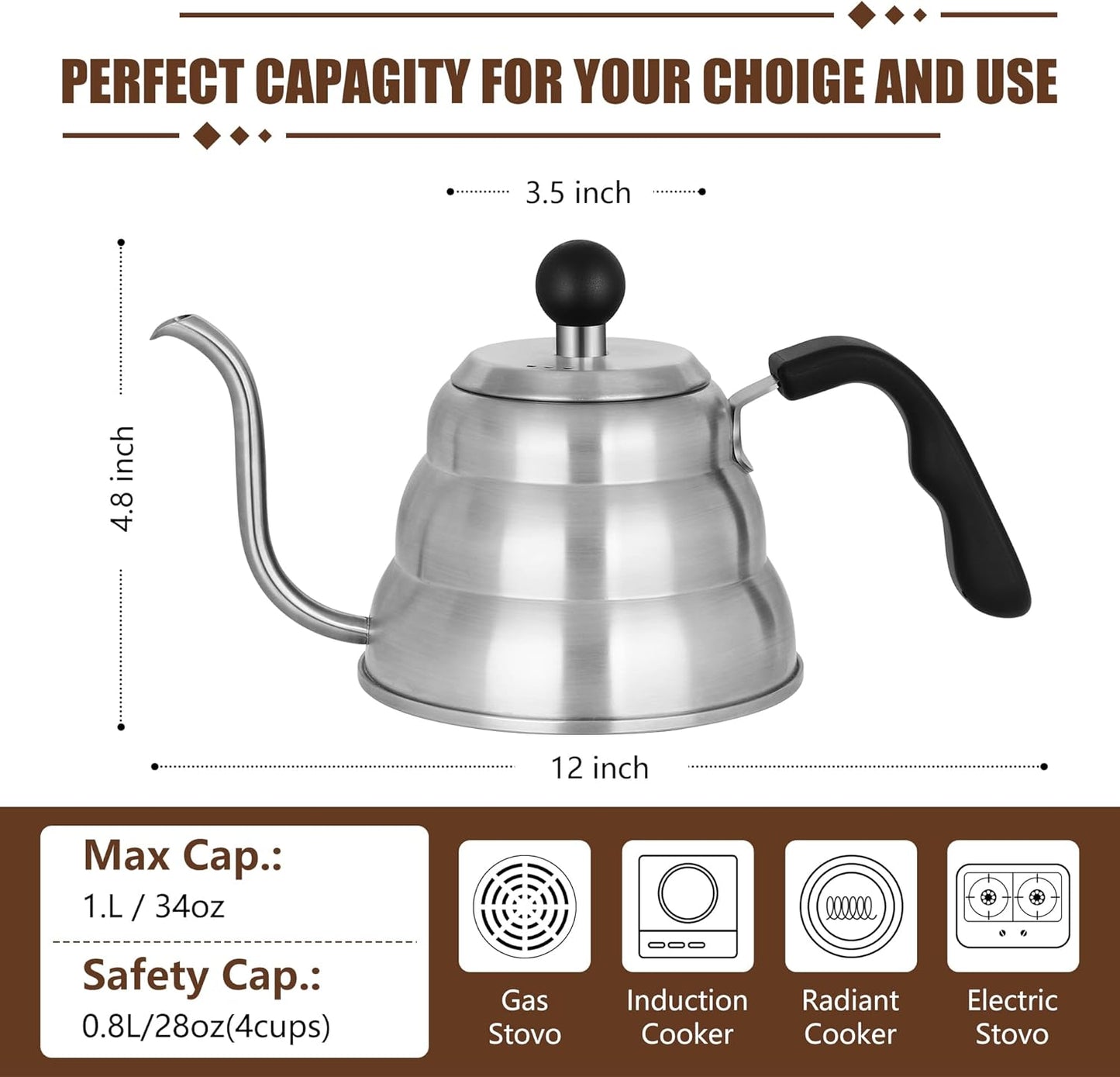 Stainless Steel Tea Kettle 800ml W/O Thermometer Gooseneck Kettle for Stovetop Pour Over Coffee Kettle Precision Pour Drip Spout Tea Pot 28oz,4 Cup,Silver,1Pack