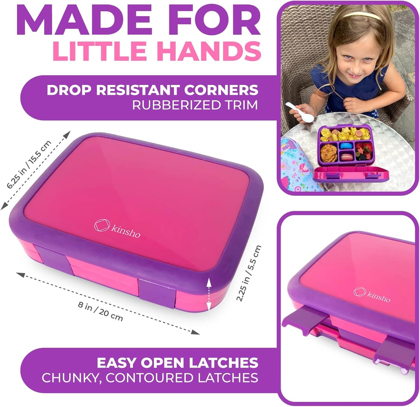 kinsho Bento Lunch Box for Kids Toddlers Girls, 5 Portion Sections Secure Lid, Microwave Safe BPA Free Removable Tray, Pre-School Kid Daycare Lunches Snack Container Ages 3 to 5, Pink Purple