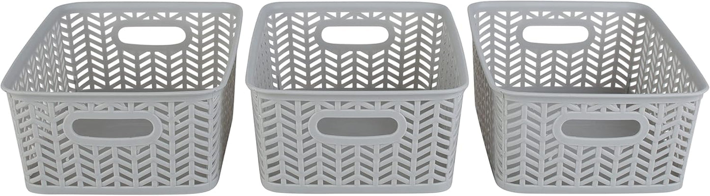 Simplify 3 Pack Small Herringbone Storage Basket | Dimensions: 10"x8"x4" | 2 Open Handles | Lightweight | Grey | Herringbone Design | Home Organization