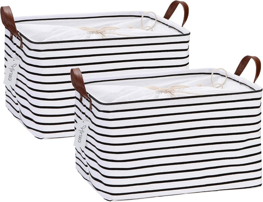 Hinwo 2-Pack Large Canvas Fabric Storage Baskets with Handles, 31L Rectangle Storage Bins, Collapsible Storage Box, Clothes, Toys, Blankets Organizers, 16.5 x 11.8 x 9.8 inches, (Black Stripe)