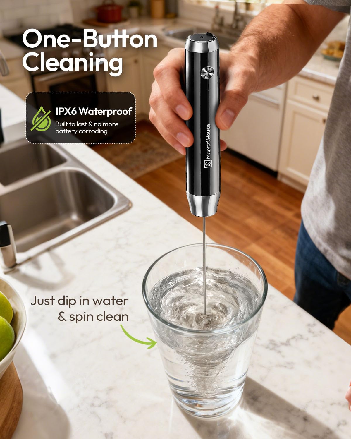 Maestri House Rechargeable Milk Frother with Stand, LunaFro Handheld Electric Foam Maker Waterproof Detachable Stainless Steel Whisk Drink Mixer Foamer for Lattes, Cappuccino