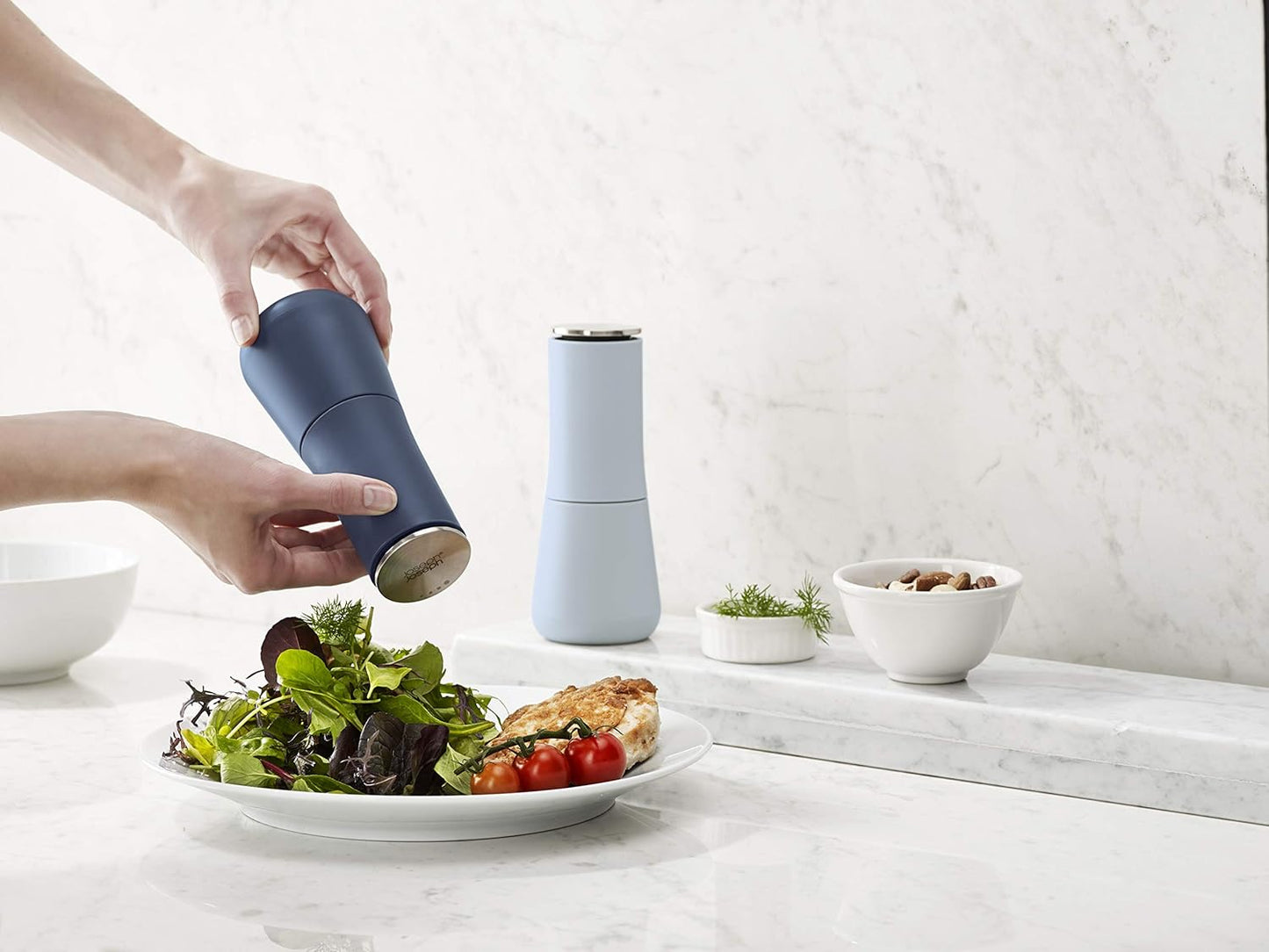 Joseph Joseph Milltop Non-Spill Salt and Pepper Mill 2-piece Set, Refillable with Ceramic Grinder, Adjustable Grinding Size, Blue
