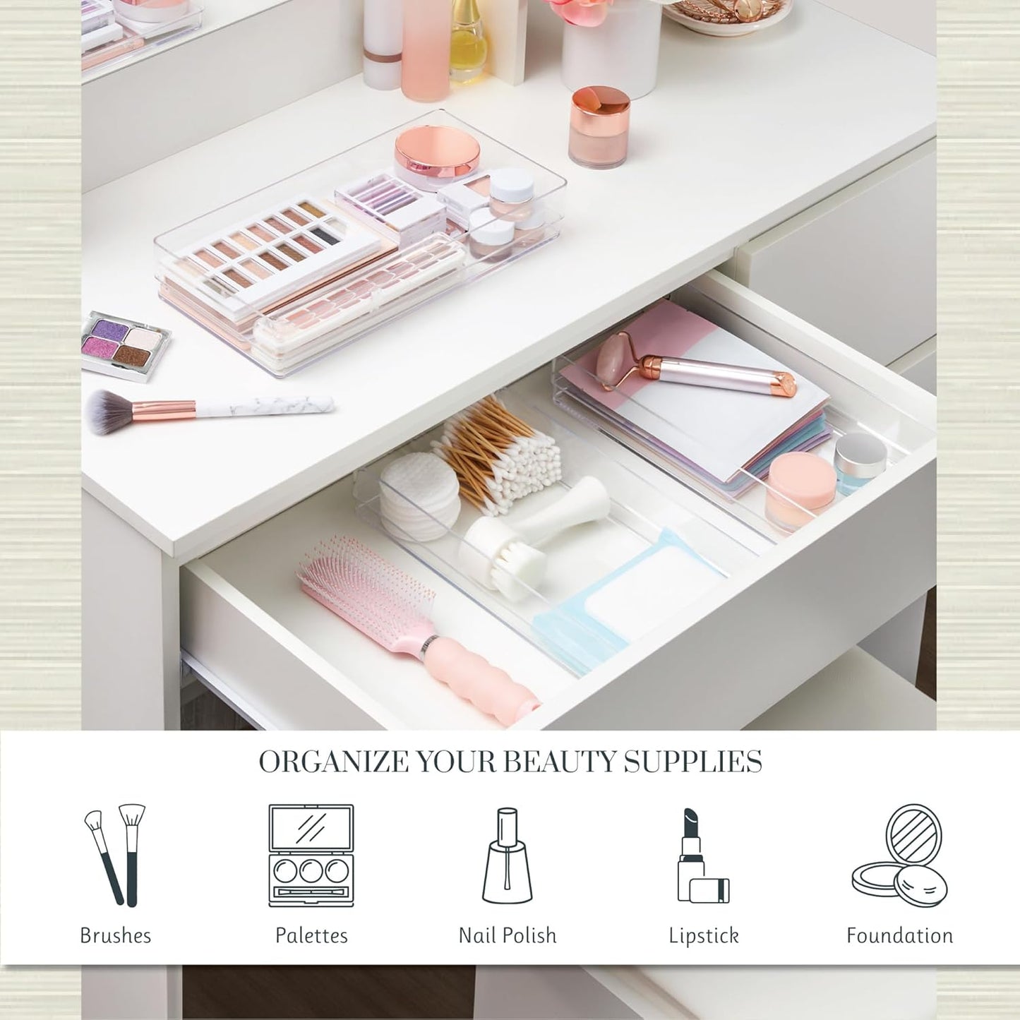 STORi SimpleSort 3-Piece Stackable Clear Drawer Organizer Set | 12" x 6" x 2" Rectangle Trays | Wide Makeup Vanity Storage Bins and Office Desk Drawer Dividers | Made in USA