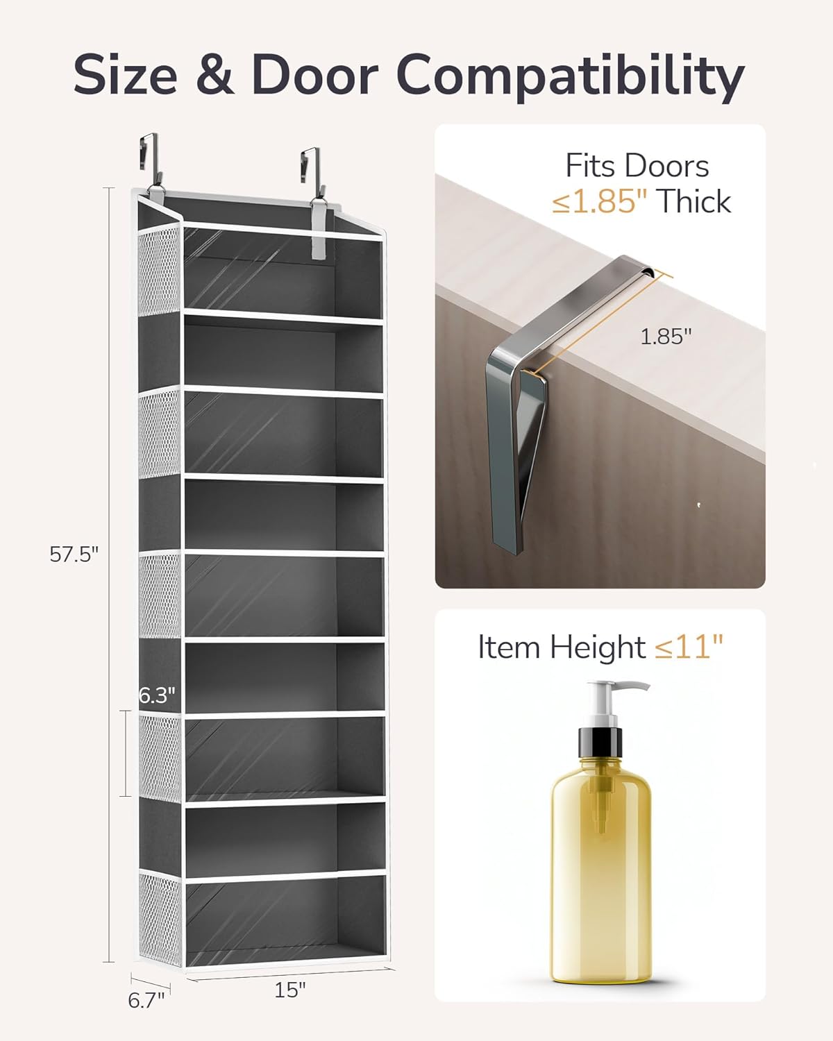 ULG 1-Pack Over Door Organizer with 5 Large Pockets 10 Mesh Side Pockets, 44 lbs Weight Capacity Hanging Storage Organizer with Clear Window for Bedroom Bathroom, RV, Clear Dark Grey