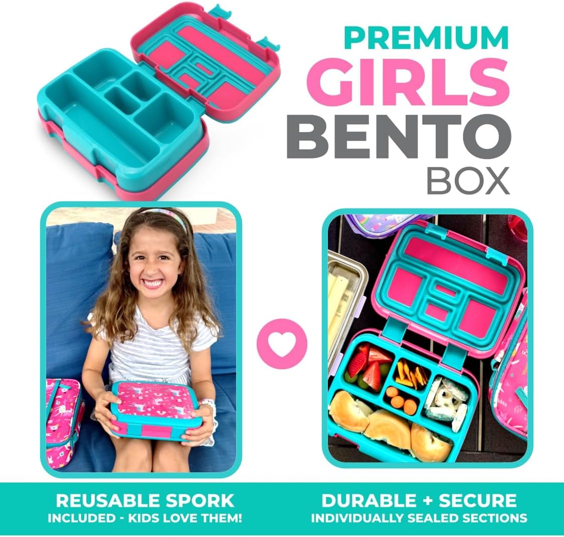 Bento Lunch Box with Insulated Bag, Water Bottle Ice Pack Set for Kids Toddlers, 5 Portion Sections, BPA Free Removable Tray, Pre-School Kid Toddler Daycare Lunches, Snack Container, Pink Unicorn