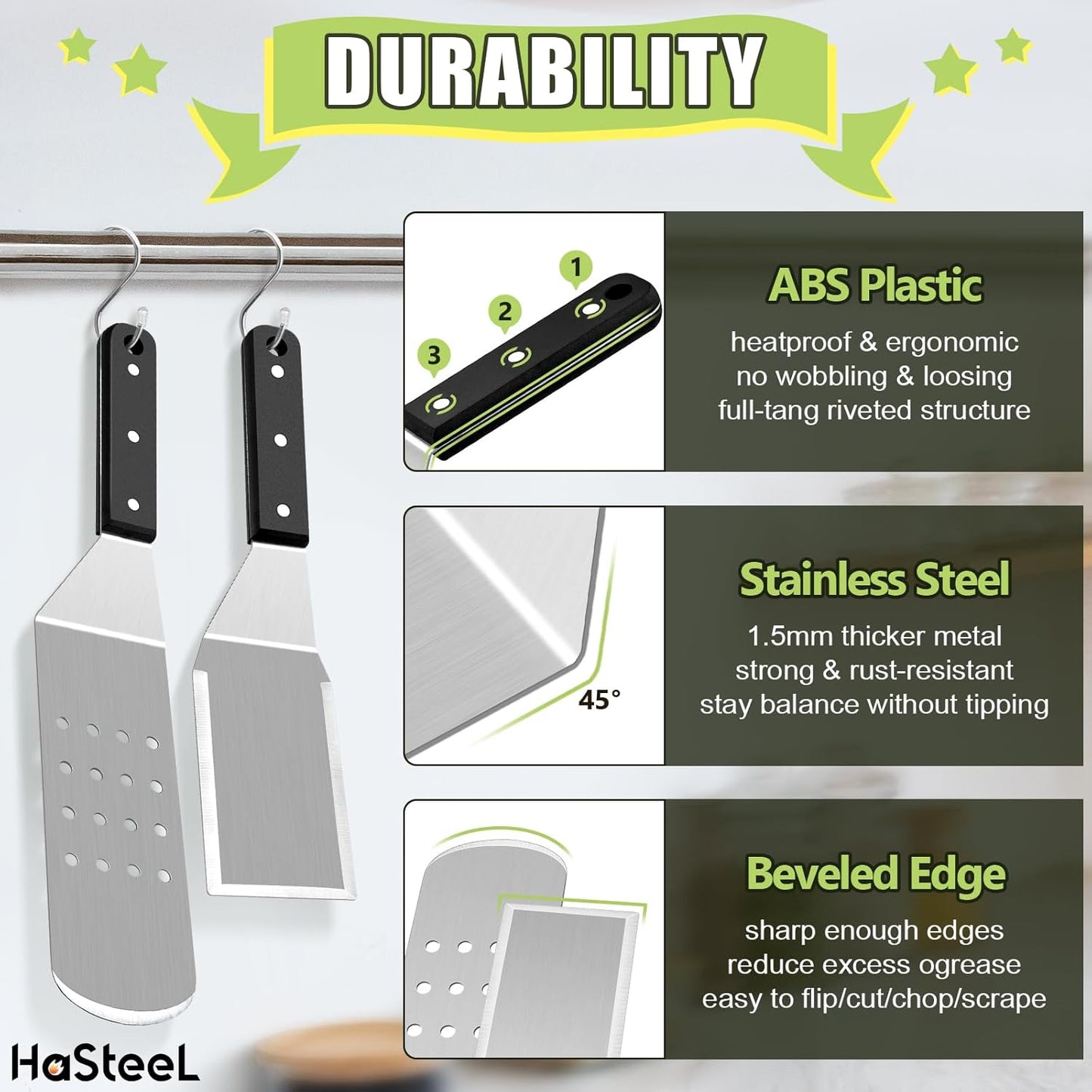 HaSteeL 16PCS Griddle Accessories Set, Stainless Steel Flat Top Grilling Tools Kit with Enlarge Spatula Scraper Basting Cover Burger Press for Outdoor Barbecue Teppanyaki Cooking, ABS Handle