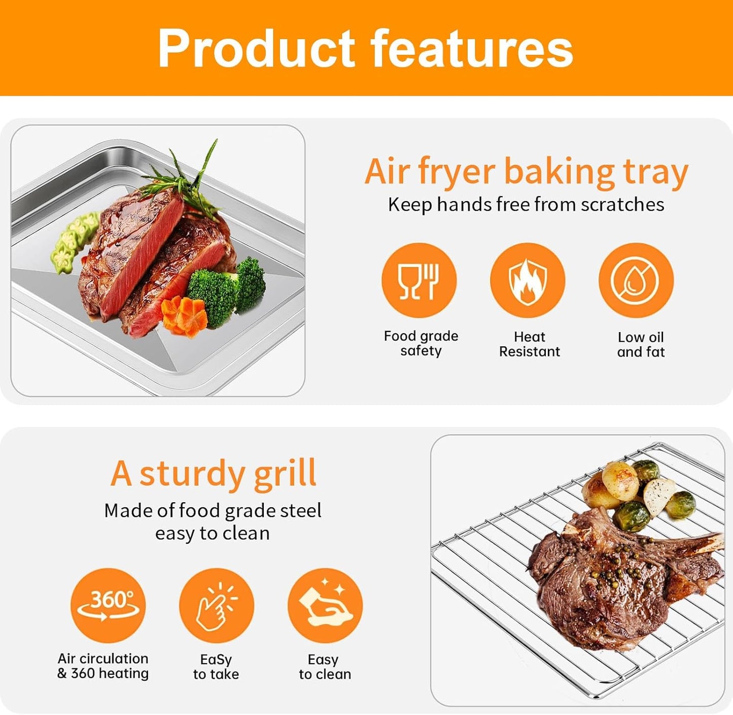 Air Fryer Baking Pan & Grill Rack Set for Breville Countertop Oven BOV845BSS, 14''×11.6''&11.77''×11.77', Nonstick Stainless Steel Set 360°Heating Grilling Oven Accessories for Family Cooking
