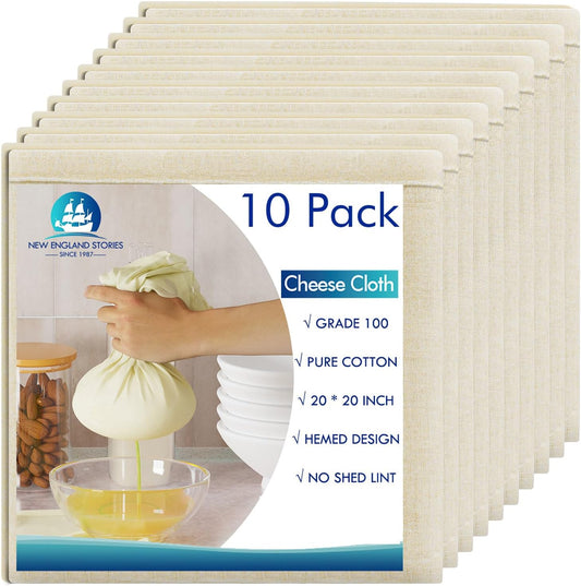 10 PCS Reusable Cheesecloth, Grade 100, 20x20 Inch Hemmed Cheese Cloth for Straining Craft, 100% Cotton Unbleached Cloth Strainer for Cooking, Baking, Juicing, Cheese Making