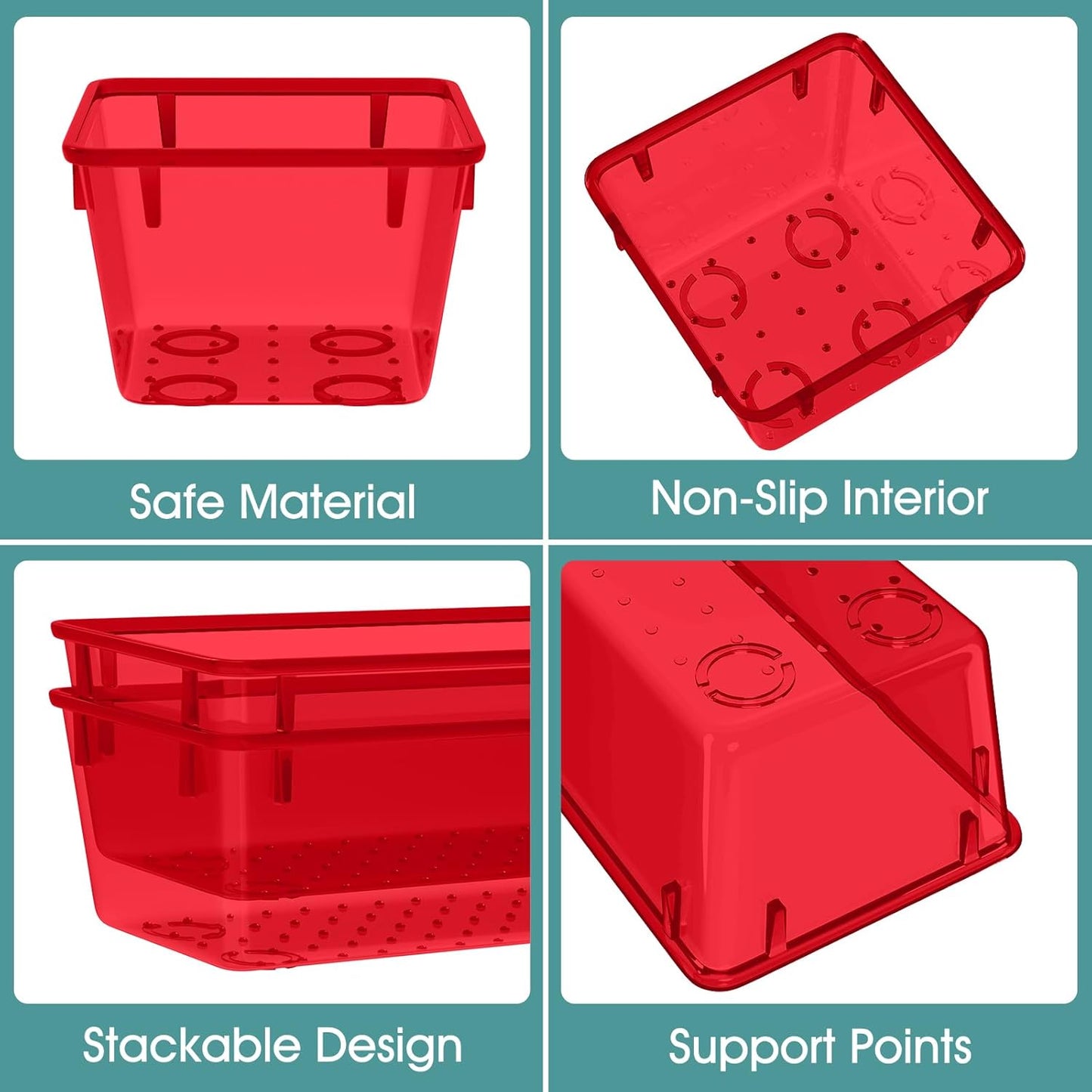 WOWBOX 25 PCS Plastic Drawer Organizer Set, 4 Sizes Desk Drawer Divider Organizers and Storage Bins for Makeup, Jewelry, Gadgets for Kitchen, Bedroom, Bathroom, Office, Clear Red