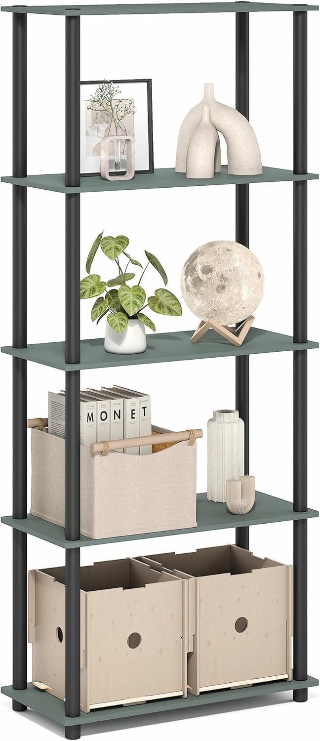Furinno Turn-N-Tube Storage Shelves, 5-Tier Book Shelf, Corner Shelf, Toolless Open Shelves, for Organization and Storage, Living Room, Garage, Home Office, Sage Green