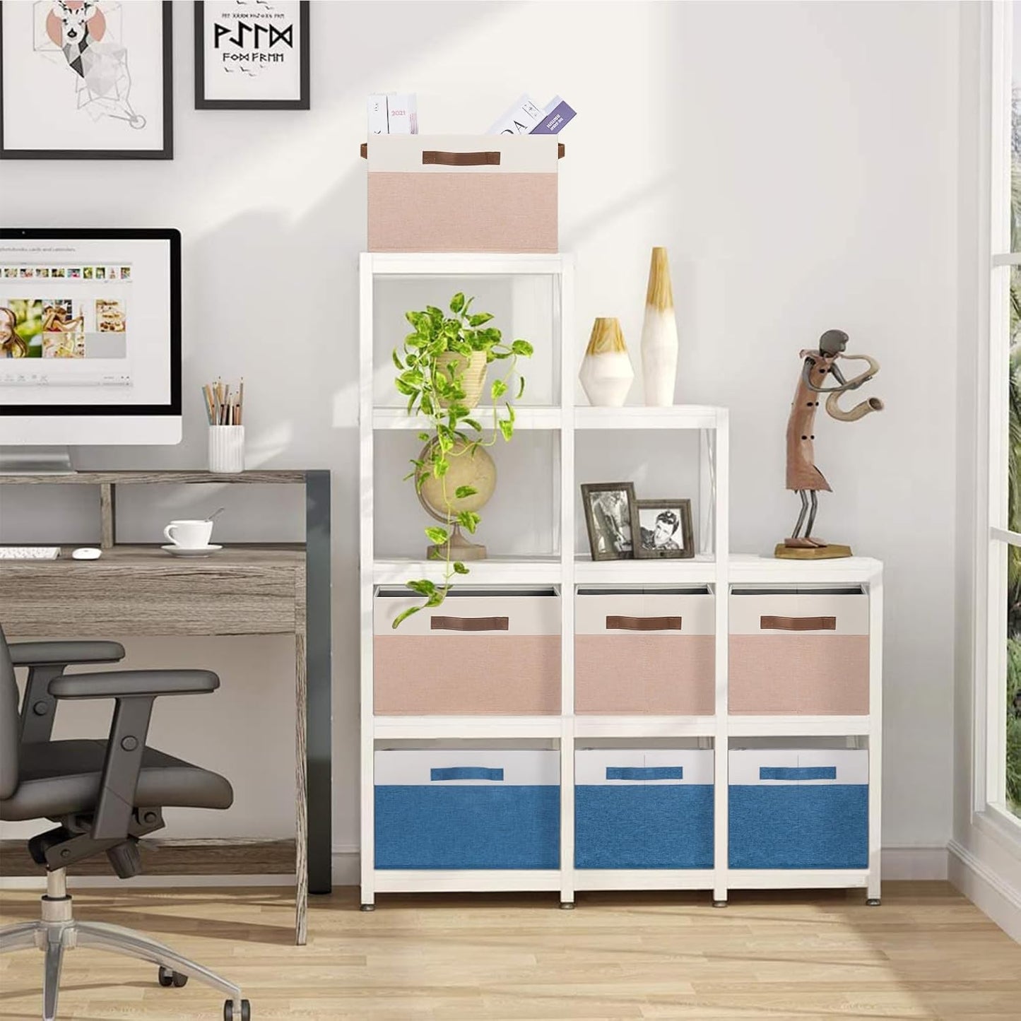 GhvyenntteS Large Fabric Storage Bins with Handles, 15x11x9.6 Inch Storage Baskets for Shelves, Foldable Closet Storage Bins for Shelves, Closet Organizers and Storage Boxes, Beige Yellow&White