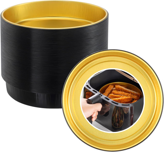 Reusable Aluminum Foil Air Fryer Pans, 50-Pack, 7.1-Inch Diameter, 1.6-Inch Depth, 24.5-Ounce Capacity, Food-Grade, Black & Gold, Thickened for High Temperatures, Dishwasher Safe