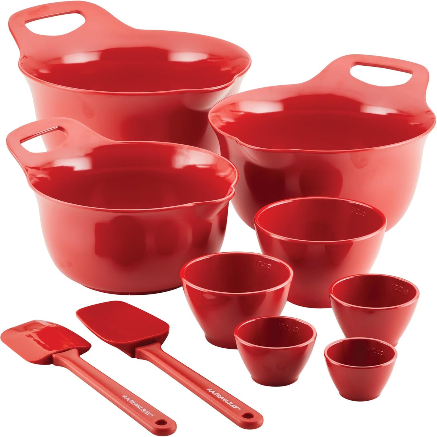 Rachael Ray Pantryware Nesting Mixing Bowls with Built-in spouts and Handles and Measuring Cups For Space-saving storage, Utensil Set, Dishwasher Safe, 10 Piece, Red