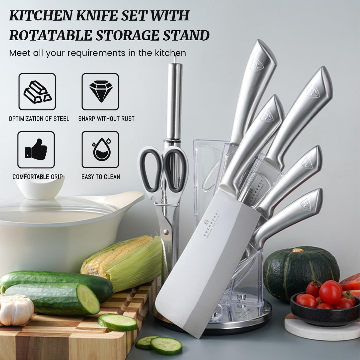 Kitchen Knife Set, Retrosohoo 9-Piece Silver Sharp Non-Stick Coated Chef Knives Block Set,Stainless Steel Knife Set for Kitchen with Sharpener for Cutting Slicing Dicing Chopping (Silver)