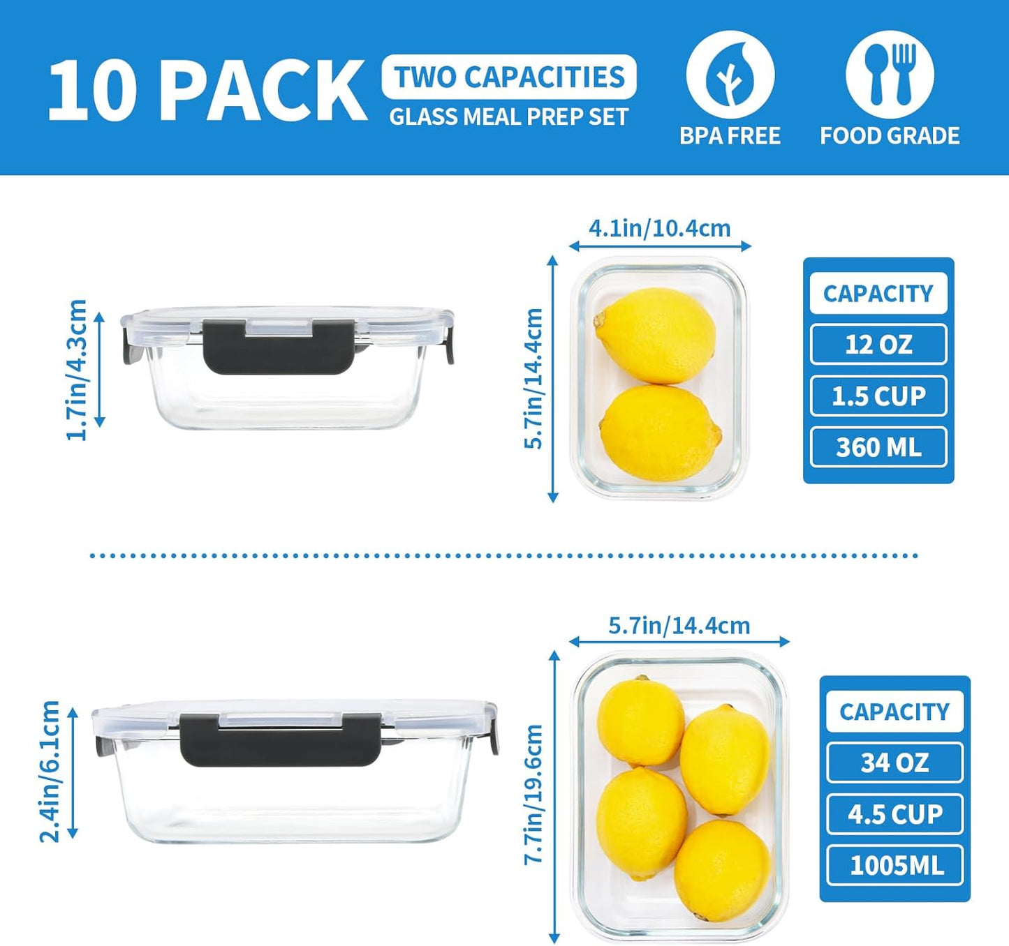 10-Pack Glass Food Storage Containers with Lids [Air-Tight,Leak-Resistant] Glass Containers for Food Storage, Meal Prep, Microwave, Freezer, Dishwasher Safe