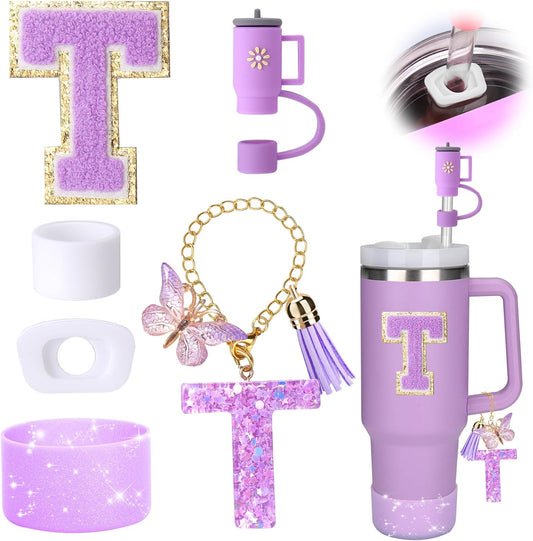 Mity rain 6PCS Cup Accessories Set for Stanley Cup 30oz 40oz tumbler with handle, Including Silicone Straw Topper Cover Cap and Boot, Spill Proof Stopper, Handle Charm, Initials Sticker (Letter T)