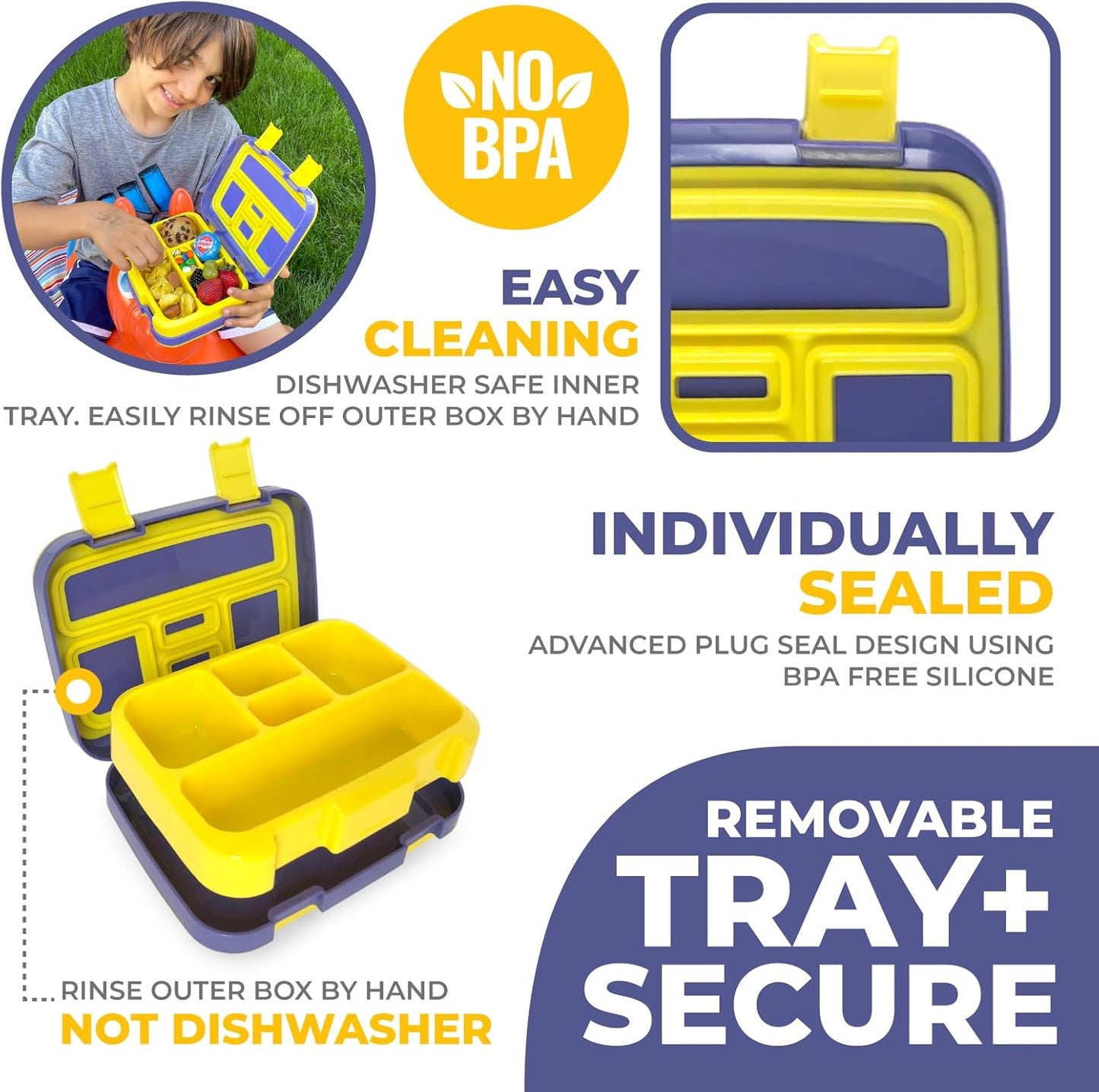 Bento Box, Insulated Lunch Bag, Ice Pack & Water Bottle Set for Kids - 5 Compartments, Lunches or Snack Container Boys Toddlers Daycare Pre-School, Kindergarten Blue Yellow Trucks