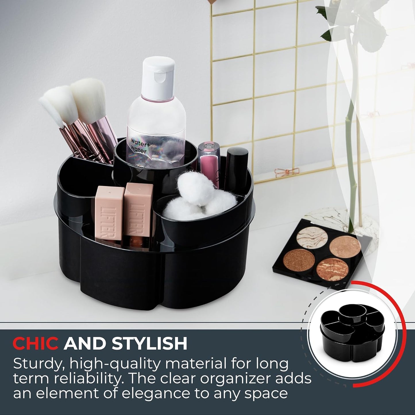 Masirs Small Rotating Makeup Organizer - Mini Yet Spacious Cosmetic Storage Solution with Multiple Compartments - The Perfect Spinning Make-Up Caddy for Vanity or Bathroom Counter (Round - Black)