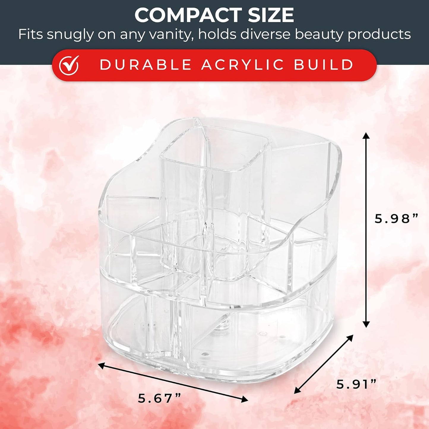 Masirs Small Rotating Makeup Organizer - Mini Yet Spacious Cosmetic Storage Solution with Multiple Compartments - The Perfect Spinning Make-Up Caddy for Vanity or Bathroom Counter (Square - Clear)