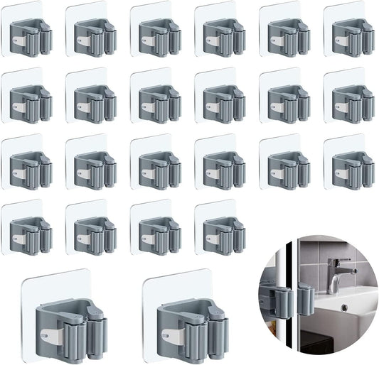 3-H 24-Pack Self Adhesive Broom Holder Wall Mount - Heavy Duty No Drill Broom Organizer for Garage Closet Kitchen, Plastic Storage Rack for Brooms Mops Tools, Peel and Stick Adhesive