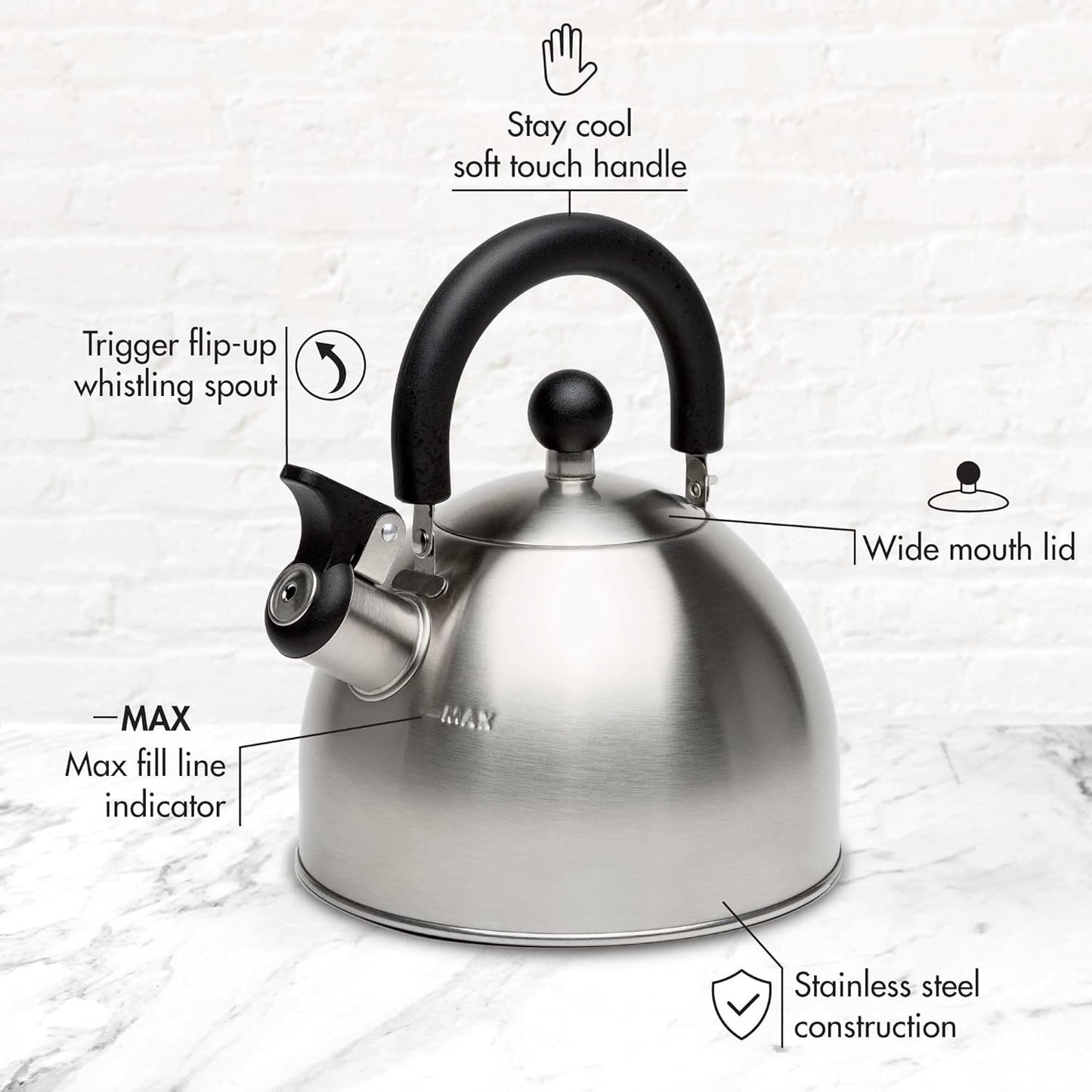 Primula Stewart Whistling Stovetop Tea Kettle Food Grade Stainless Steel, Hot Water Fast to Boil, Cool Touch Folding, 1.5-Quart, Brushed with Black Handle