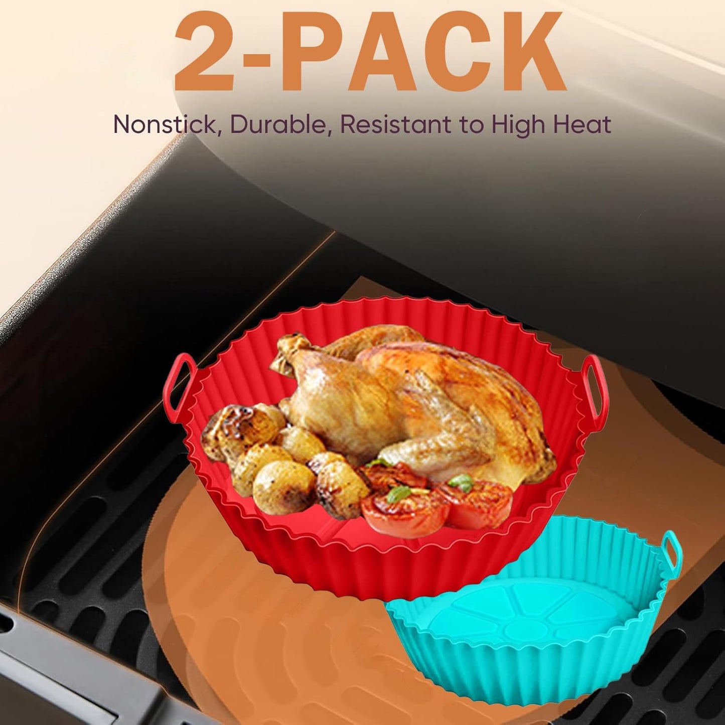 2 Pack,Air Fryer Silicone Liners Compatible With COSORl Air Fryer Or 5 QT Or Bigger (Red+Blue)