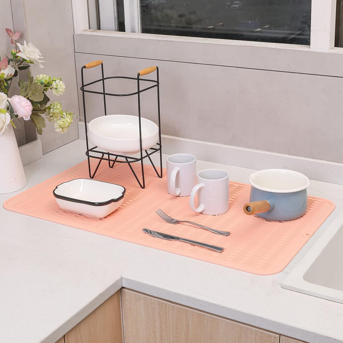 Silicone Dish Drying Mat for Multiple Usage,Easy clean,Eco-friendly,Heat-resistant Silicone Mat for Kitchen Counter or Sink,Refrigerator or Drawer Liner Pink 4XL 32 inches x 18 inches