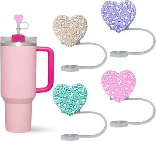 4 PCS Silicone Straw Covers Cap Compatible with Stanley Tumbler, pack of 10mm Cute Heart Straw Toppers for Tumblers Dust-Proof Drinking Straw Caps for Reusable Straws Tips Lids