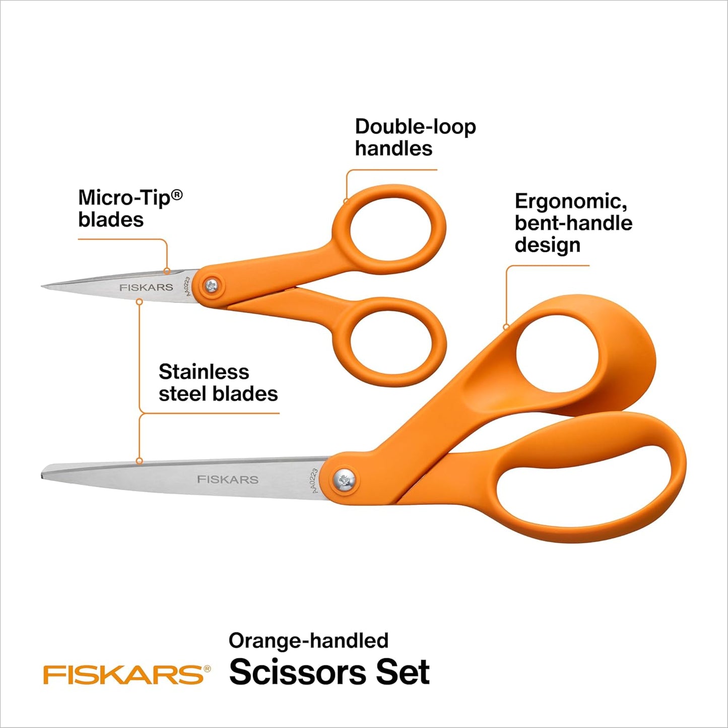 Fiskars Original Orange Handled Scissors 2-Piece Set, 5" Micro Tip and 8" Stainless Steel Scissors, Paper and Fabric Supplies for Office and Arts and Crafts Set, Orange