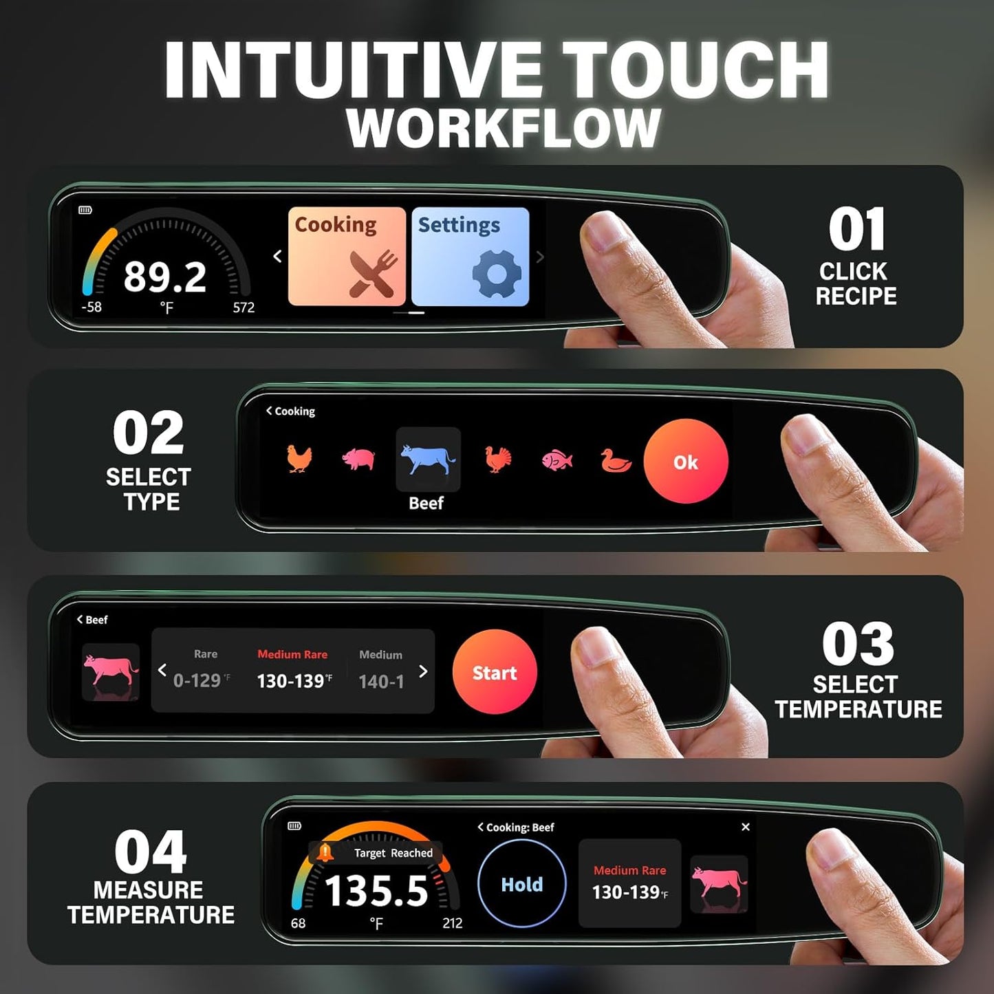 0.5s Instant Read Smart Meat Thermometer Digital, 3.8″ HD Touchscreen with Temp-OS, Professional Kitchen Food Thermometer for Cooking, Grill, BBQ | ±0.5°F, −58–572°F, IP68, USB-C Rechargeable