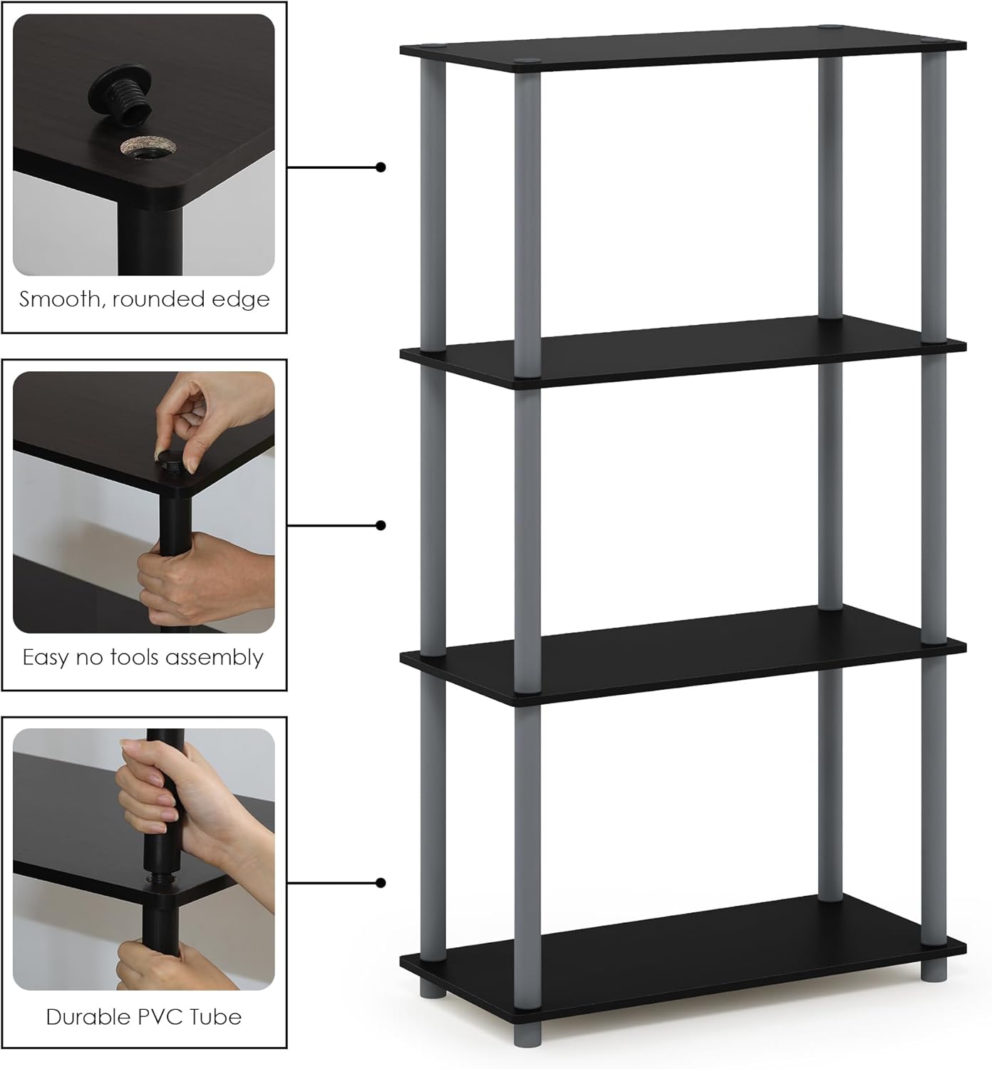 Furinno (99557BK/GY) Turn-N-Tube 4-Tier Multipurpose Shelf Display Rack - Black/Grey