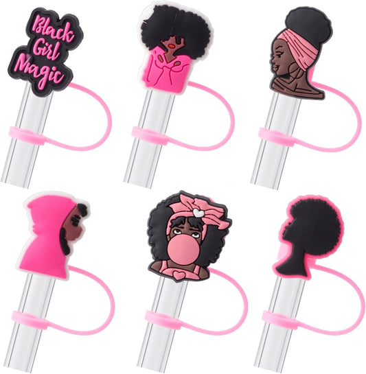 6Pcs Black Girl Straw Cover Cap for Stanley Cup Accessories, 10mm Cute Pink Drinking Straw Topper for 40oz 30oz Stanley Tumbler, Dust-Proof Reusable Straw Tips Gifts for Women