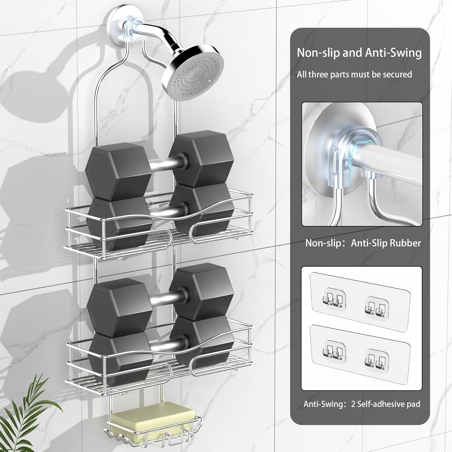 Over the Shower Head Caddy - 3 Tier Shower Caddy Hanging, Rustproof, Bathroom Rack Organizer With Hooks, Razor&Soap Holder, Brushed Nickel