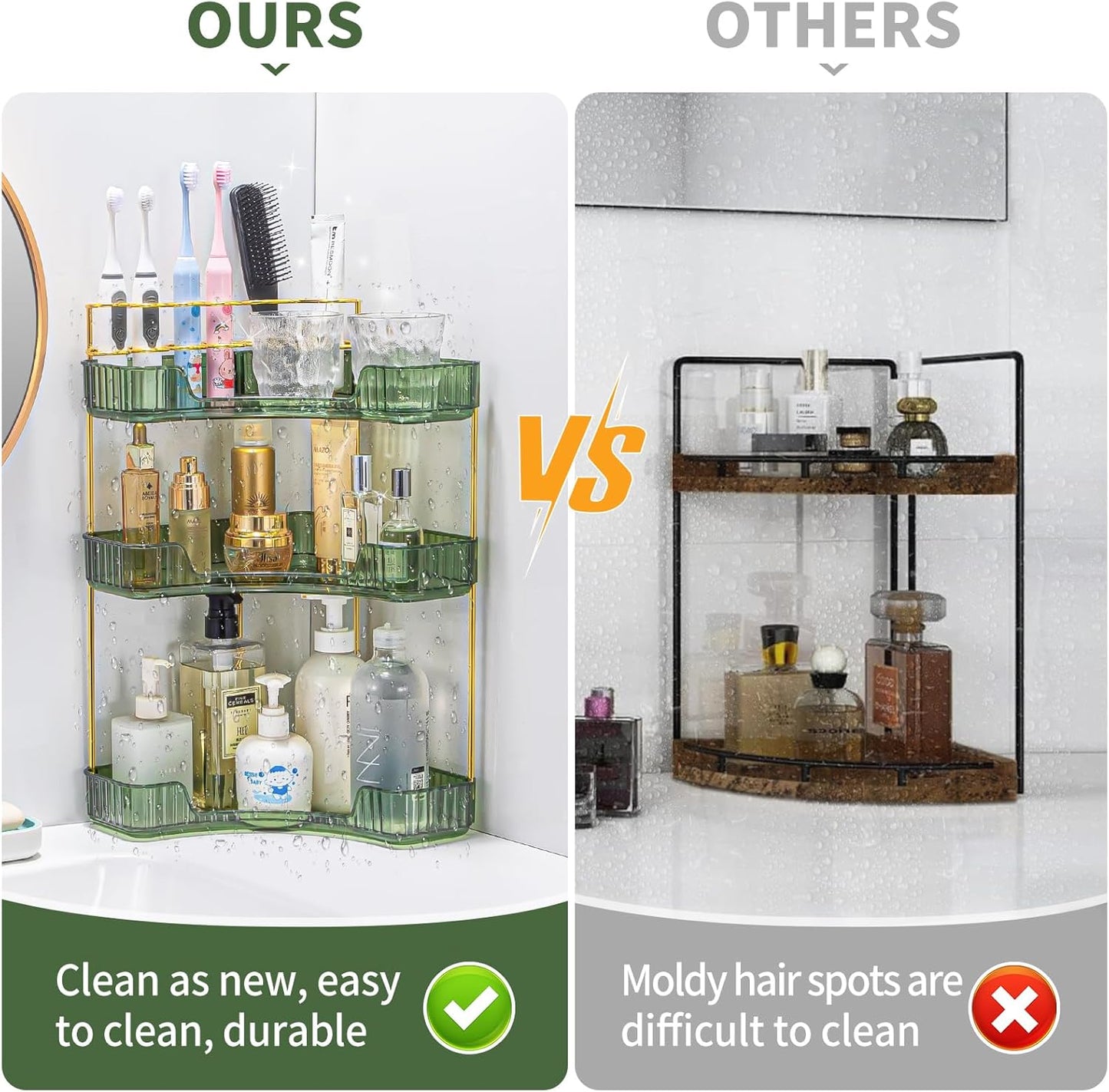 Upgraded 3-Tier Corner Bathroom Countertop Organizer – Spacious Storage for Makeup, Skincare & Perfumes, Built-in Brush Holder Fits Vanity/Dresser/Bsthtub (Sage Green)