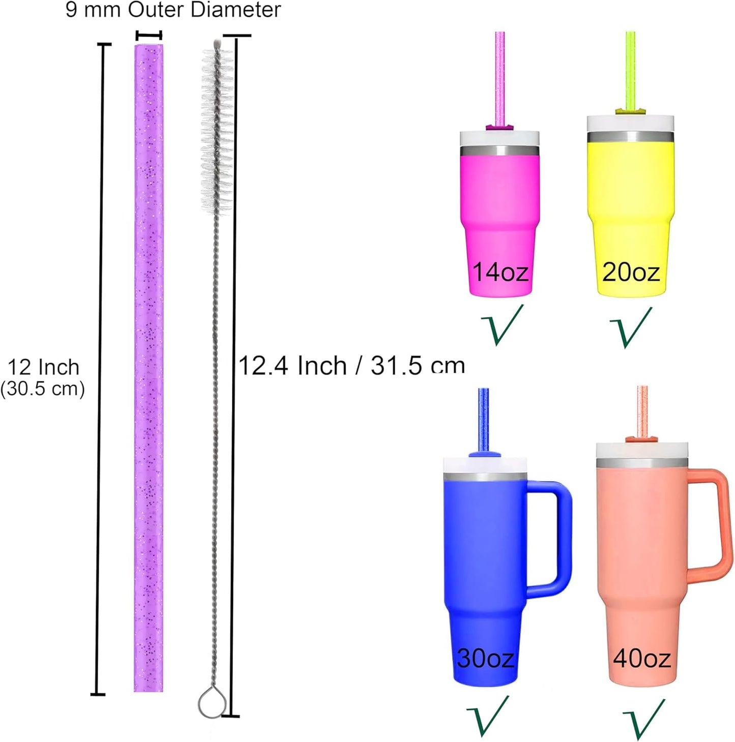 Dakoufish Replacement Glitter Straws for Stanley|Owala|Simple Modern 40oz 30oz Tumbler,10 Pack 12 Inch Reusable Yellow Straws With Cleaning Brush For Stanley Hydro Jug Cup,Dishwasher Safe