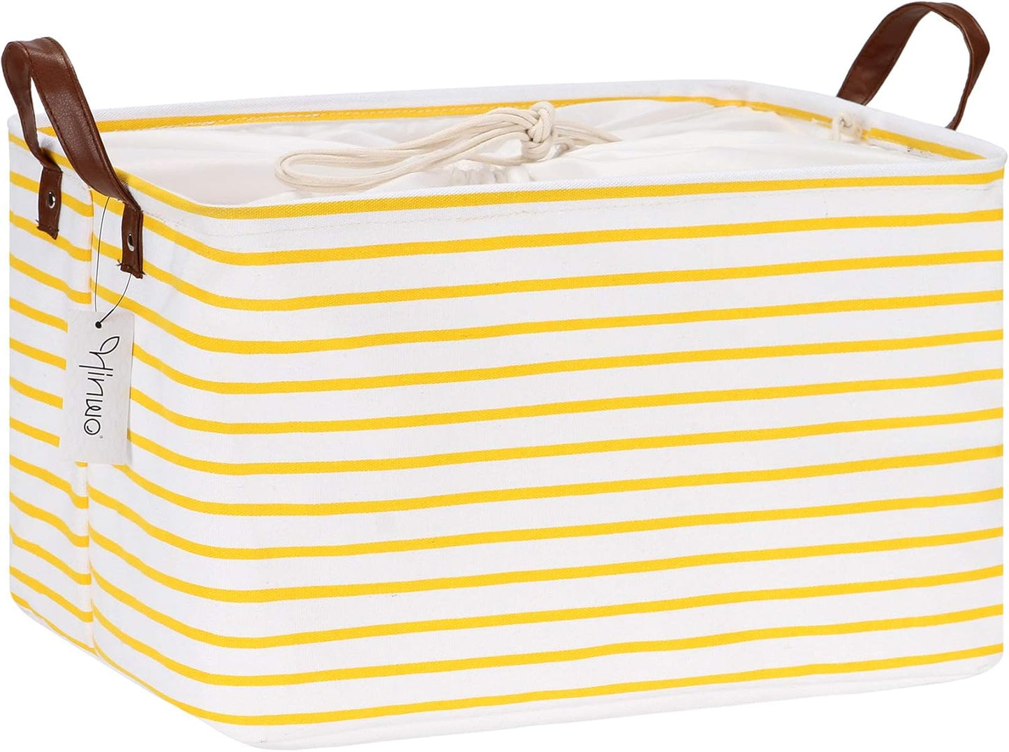 Hinwo 31L Large Storage Bins, Closet Organizers and Storage, Shelf Baskets, Foldable Clothes Storage Baskets with Handles, Containers for Clothing, Blanket, Towels, Toys, Bedding (Yellow Stripe)
